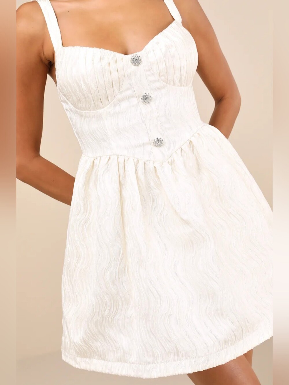 Lulus Charmingly Precious Cream Pleated Textured Bustier Mini Dress XL Wedding - Picture 4 of 9
